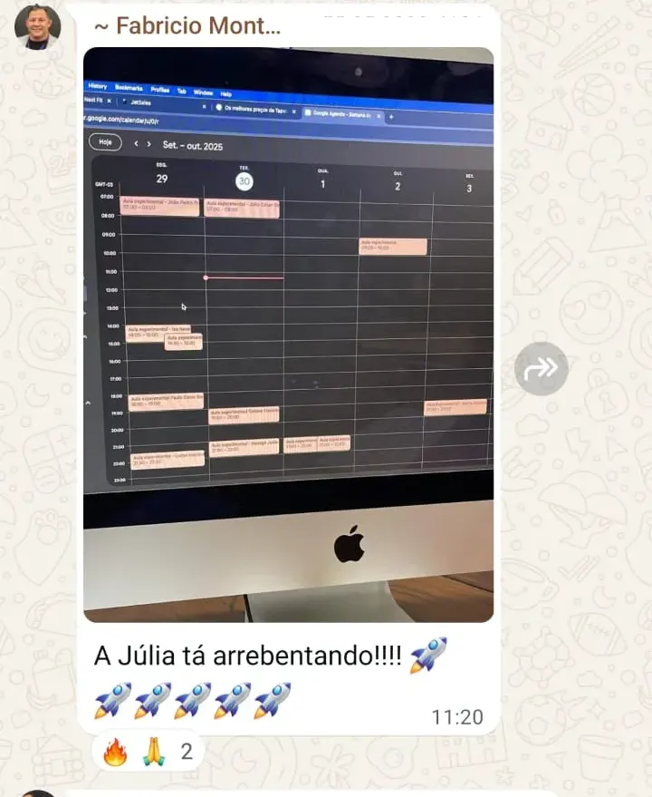 Print de mensagem de Fabrício: A semana inteira lotada com avaliações.