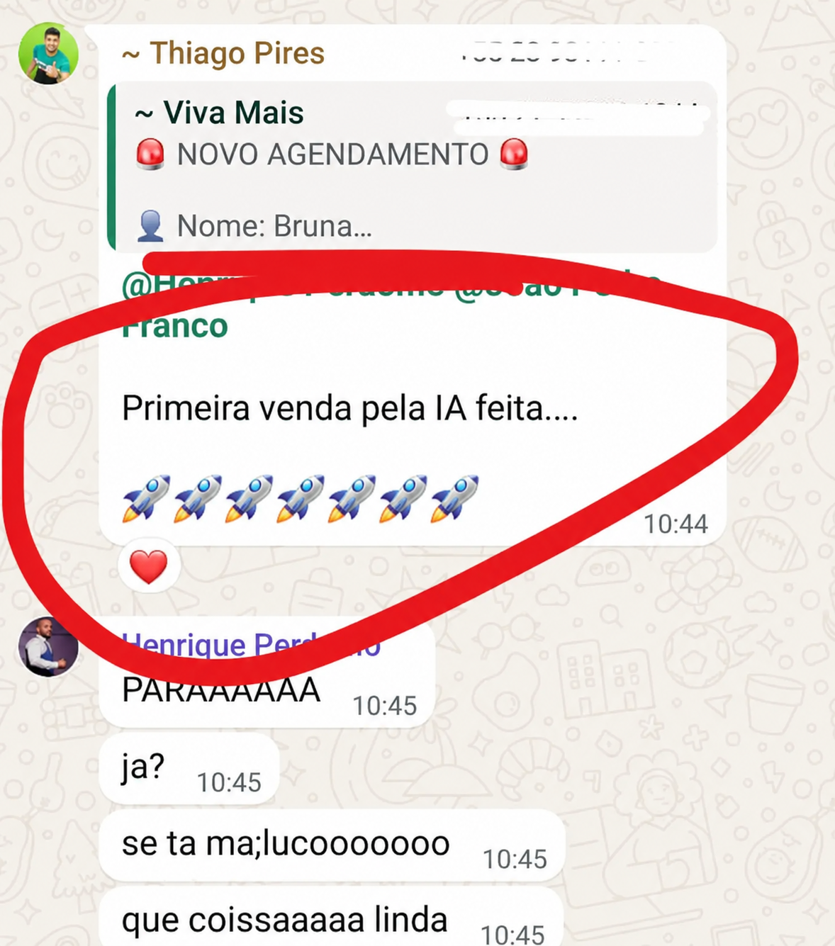 Print de mensagem de Thiago Pires: O primeiro contrato fechado em 48 horas de I.A. funcionando.